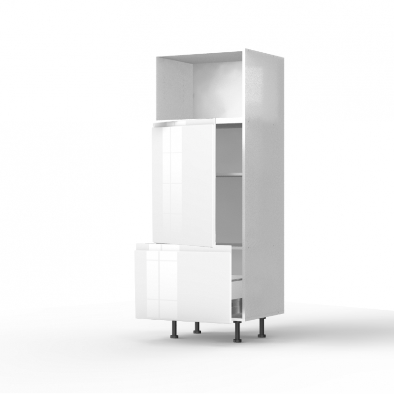 Colonne laquée blanche brillante poignée intégrée 1 MO - 1 porte - 1 tiroir larg. 60cm x H156.6cm