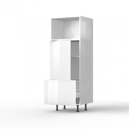 Colonne laquée blanche brillante poignée intégrée 1 MO - 1 porte - 1 tiroir larg. 60cm x H156.6cm