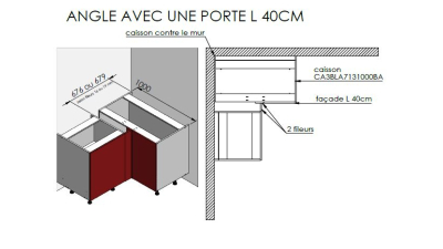 Meuble bas d'angle bleu mat 1 porte 40cm larg. 100cm x H71.5cm