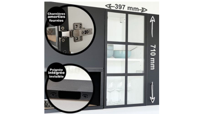 Meuble bas alu noir vitré larg. 80cm x H71.5cm