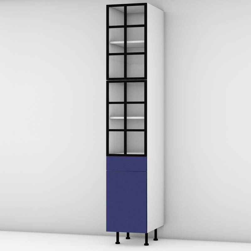 Colonne bleu mat 2 portes alu noir vitrée -  1 porte+tiroir larg. 40cm x H213.8cm