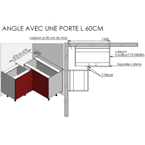 Meuble bas d'angle sous évier rose poudré mat 1 porte 60cm larg. 100cm x H71.5cm