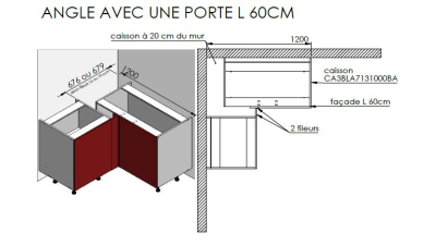 Meuble bas d'angle sous évier rose poudré mat 1 porte 60cm larg. 100cm x H71.5cm