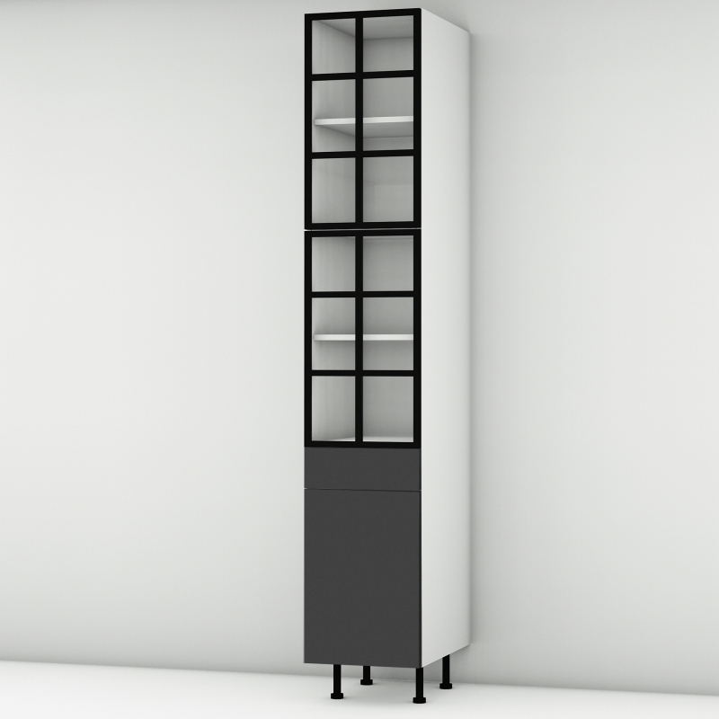 Colonne noire mate 2 portes alu noir vitrée -  1 porte+tiroir larg. 40cm x H213.8cm