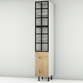 Colonne chêne massif brute 2 portes alu noir vitrée -  1 porte+tiroir larg. 40cm x H213.8cm