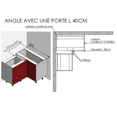 Meuble bas d'angle sous évier chêne massif brut 1 porte 40cm larg. 100cm x H71.5cm