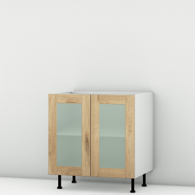 Meuble bas sous évier chêne massif brut mat 2 portes vitrées larg. 80cm x H71.5cm