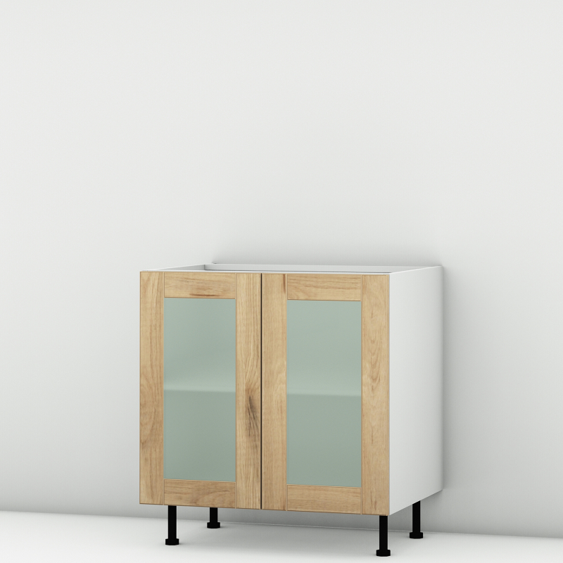 Meuble bas chêne massif brut 2 portes vitrées larg. 80cm x H71.5cm