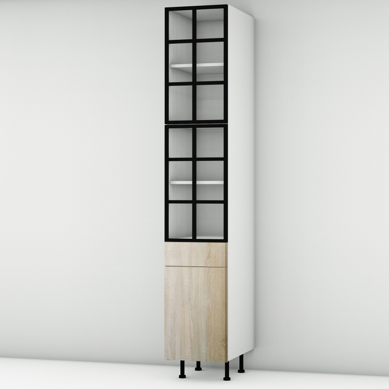 Colonne chêne clair 2 portes alu noir vitrée -  1 porte+tiroir larg. 40cm x H213.8cm