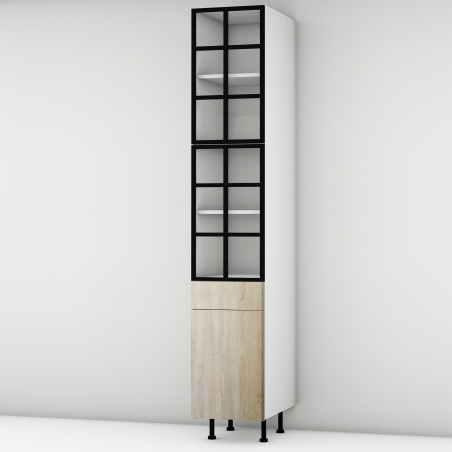 Colonne chêne clair 2 portes alu noir vitrée -  1 porte+tiroir larg. 40cm x H213.8cm