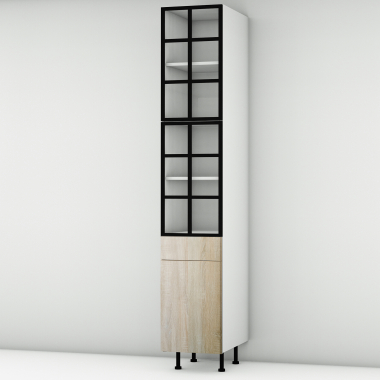 Colonne chêne clair 2 portes alu noir vitrée -  1 porte+tiroir larg. 40cm x H213.8cm