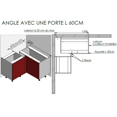 Meuble bas d'angle sous évier chêne foncé 1 porte 60cm larg. 100cm x H71.5cm