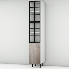 Colonne chêne foncé 2 portes alu noir vitrée -  1 porte+tiroir larg. 40cm x H213.8cm