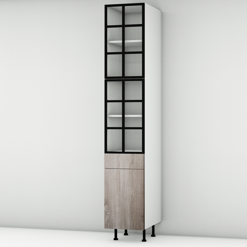 Colonne chêne foncé 2 portes alu noir vitrée -  1 porte+tiroir larg. 40cm x H213.8cm