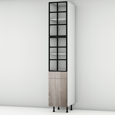 Colonne chêne foncé 2 portes alu noir vitrée -  1 porte+tiroir larg. 40cm x H213.8cm