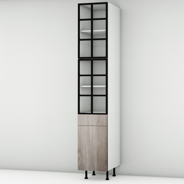Colonne chêne foncé 2 portes alu noir vitrée -  1 porte+tiroir larg. 40cm x H213.8cm