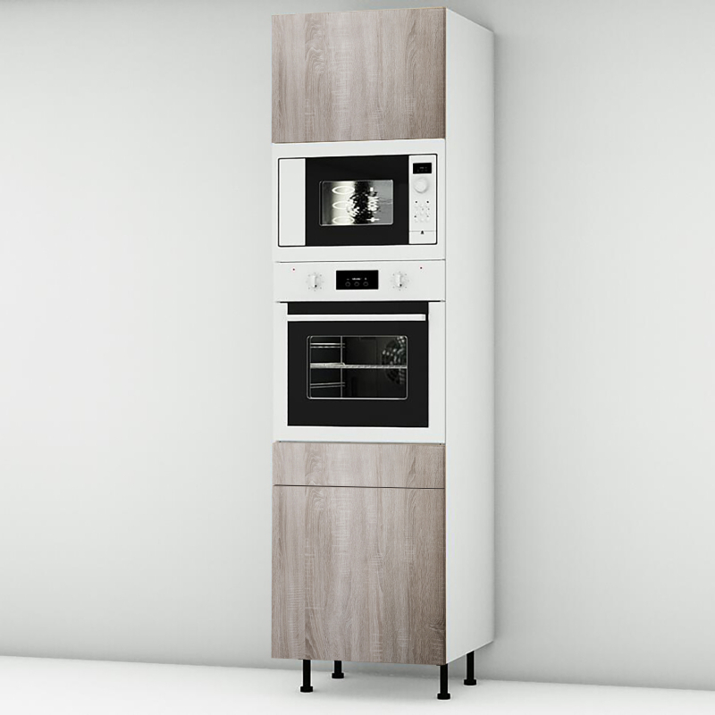 Colonne chêne foncé 1 porte - 1 four - 1MO - 1 porte+tiroir larg. 60cm x H213.8cm