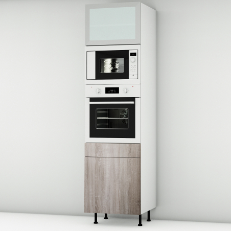 Colonne chêne foncé 1 porte - 1 four - 1MO - 1 porte+tiroir larg. 60cm x H213.8cm