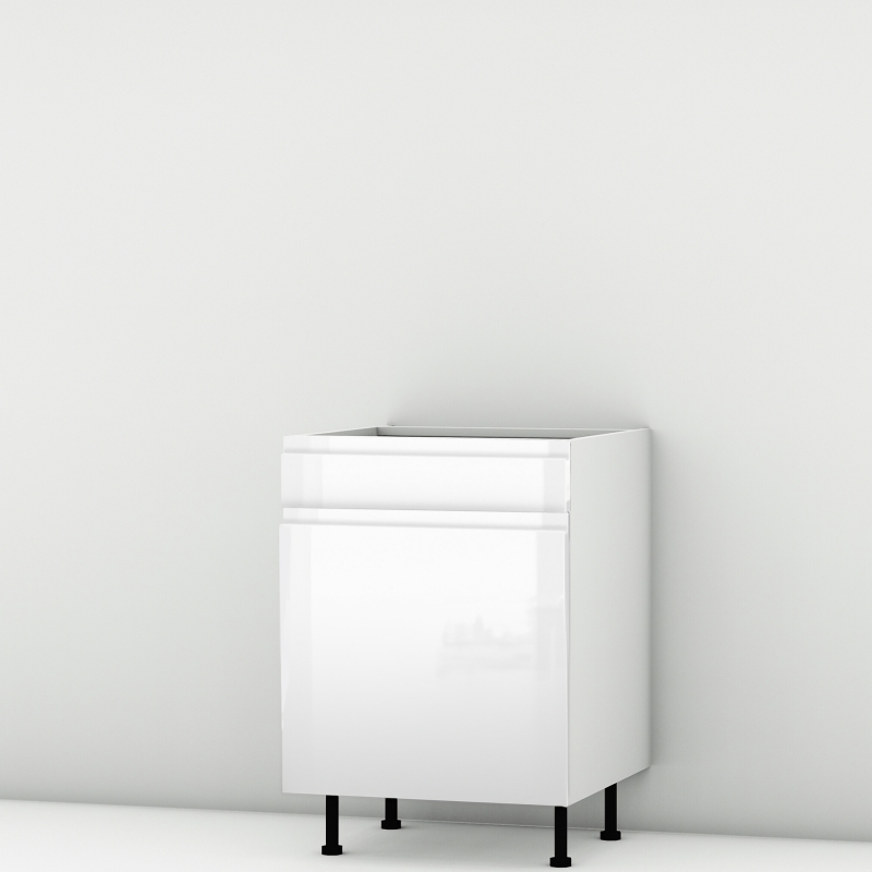 Meuble bas blanc brillant poignée intégrée Porte + Tiroir larg. 60cm x H71.5cm