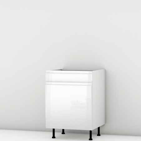 Meuble bas blanc brillant poignée intégrée Porte + Tiroir larg. 60cm x H71.5cm