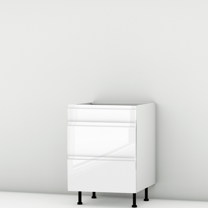 Meuble bas blanc brillant poignée intégrée 3 tiroirs larg. 60cm x H71.5cm