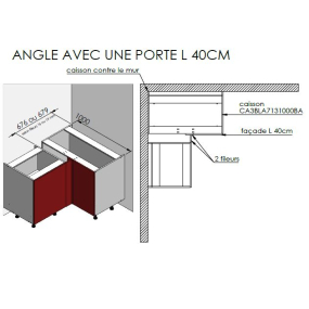 Meuble bas d'angle sous évier blanc brillant poignée intégrée 1 porte 40cm larg. 100cm x H71.5cm