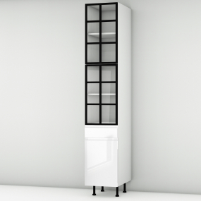Colonne laquée blanche brillante poignée intégrée 2 portes alu noir vitrée -  1 porte+tiroir larg. 40cm x H213.8cm