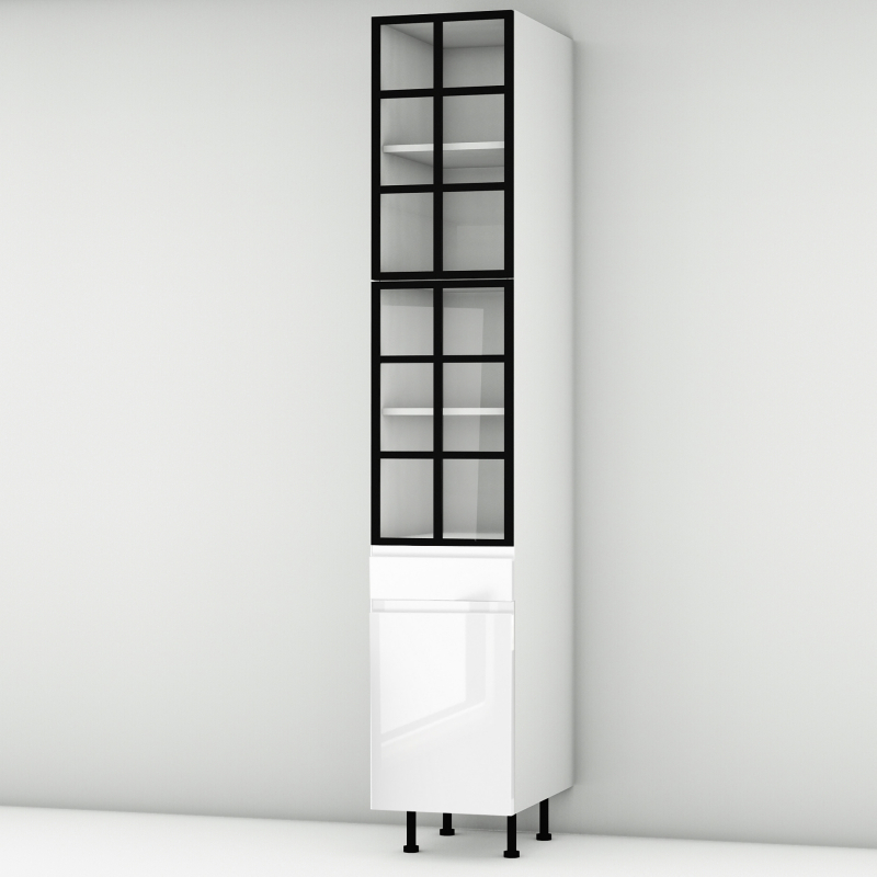 Colonne laquée blanche brillante poignée intégrée 2 portes alu noir vitrée -  1 porte+tiroir larg. 40cm x H213.8cm