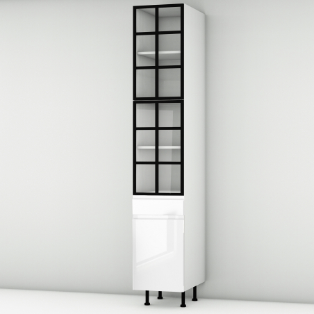 Colonne laquée blanche brillante poignée intégrée 2 portes alu noir vitrée -  1 porte+tiroir larg. 40cm x H213.8cm