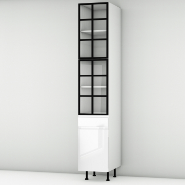 Colonne laquée blanche brillante poignée intégrée 2 portes alu noir vitrée -  1 porte+tiroir larg. 40cm x H213.8cm