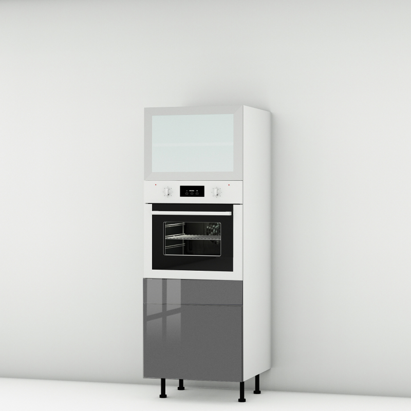 Colonne de cuisine grise brillante 1 porte relevante alu vitrée - 1 four - 1 tiroir larg. 60cm x H156.6cm