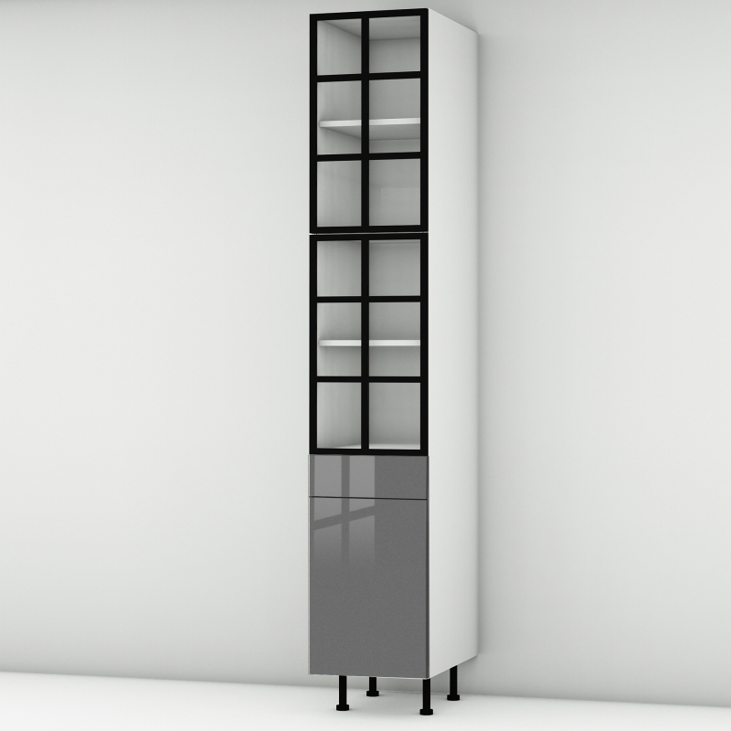 Colonne de cuisine grise brillante 2 portes alu noir vitrée -  1 porte+tiroir larg. 40cm x H213.8cm
